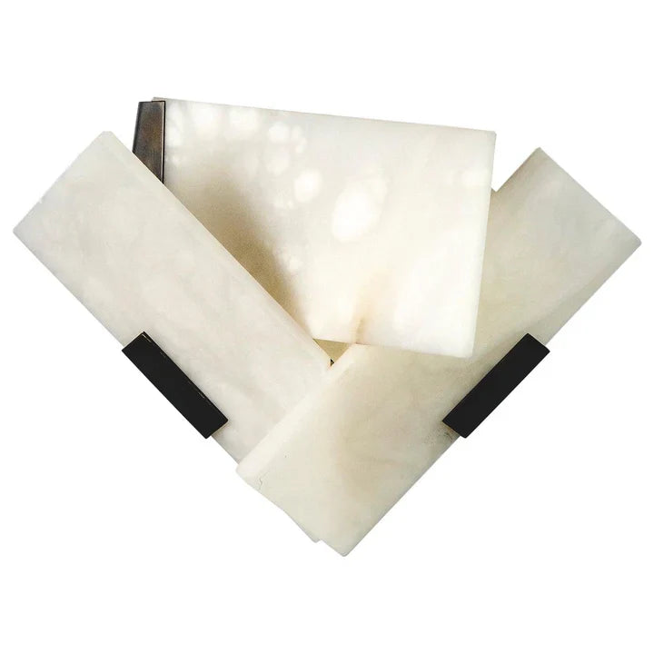 Alabaster wall sconce with layered frosted shades and black mounting brackets