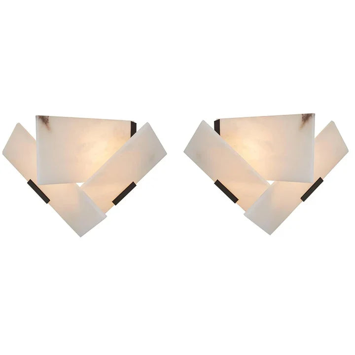 Pair of alabaster fan wall sconces with glowing frosted shades and black brackets