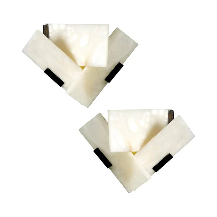 Alabaster fan wall sconce set with layered frosted shades and black mounting accents
