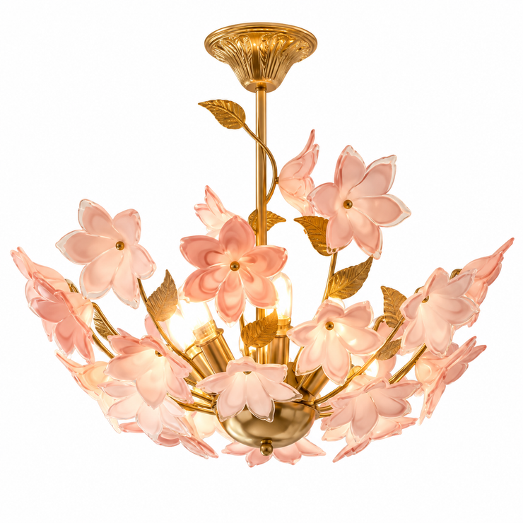 Floral glass chandelier with pink blossoms and gold metal branches