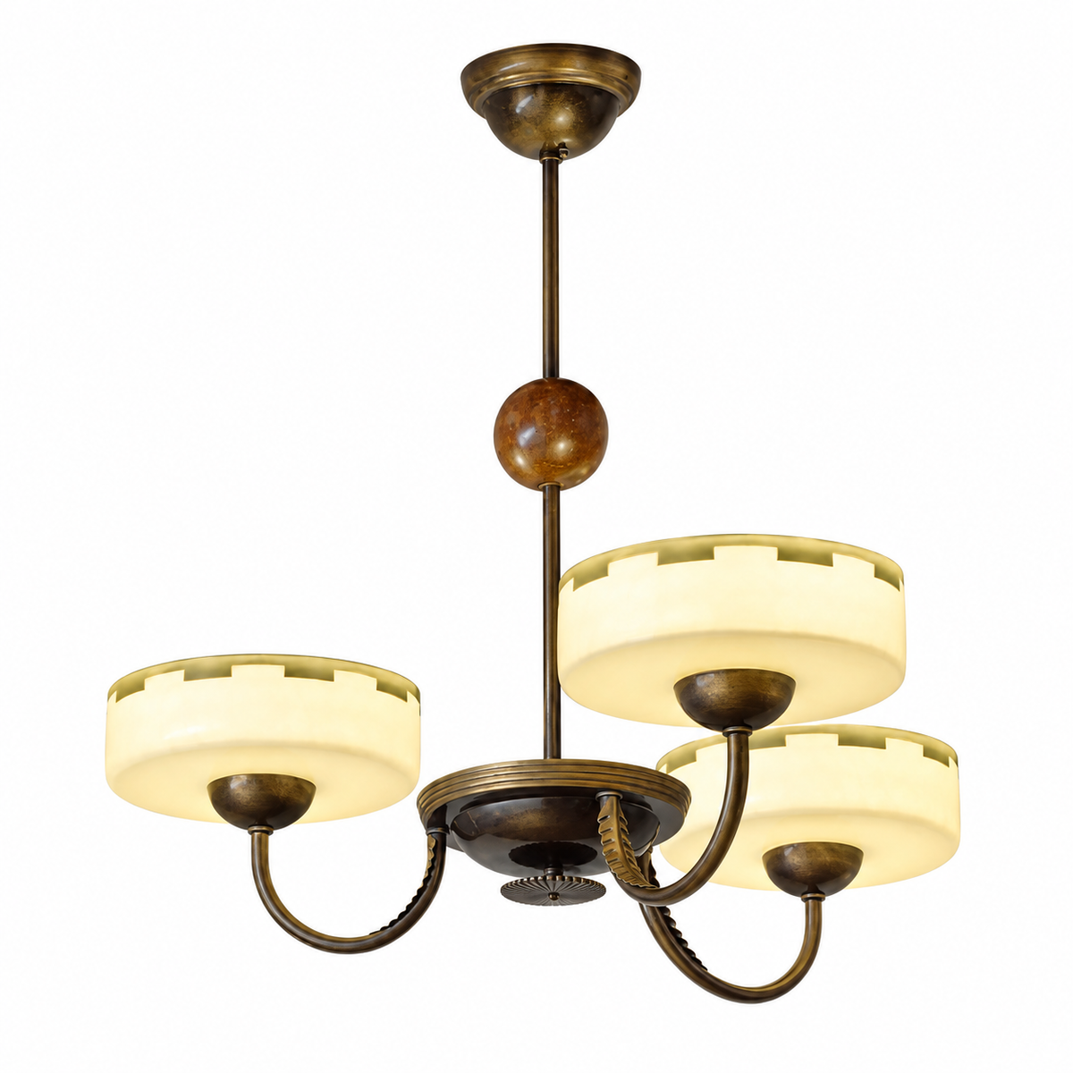 Bronze chandelier with cream opal glass shades, curved arms, and hanging amber bead