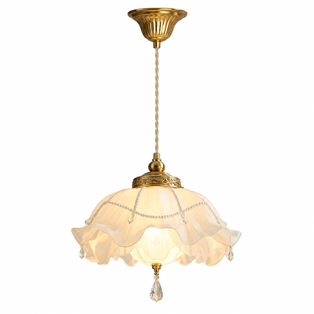 Ruffled glass pendant light with cream ruffled shade, brass cap, crystal drop