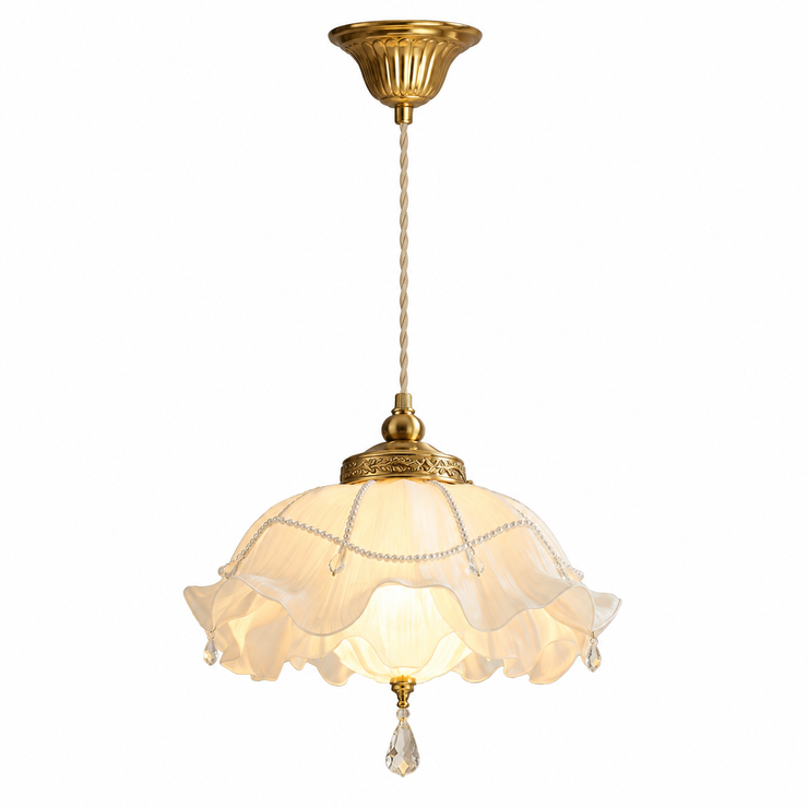 Ruffled glass pendant light with cream ruffled shade, brass cap, crystal drop