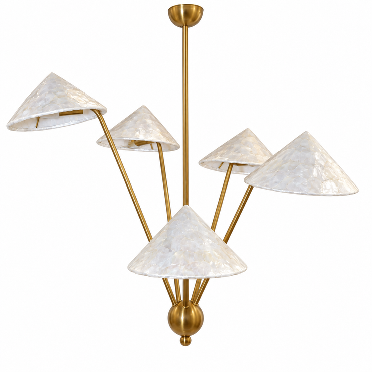 Brass shell chandelier with five opal glass shades on slim rods and central canopy