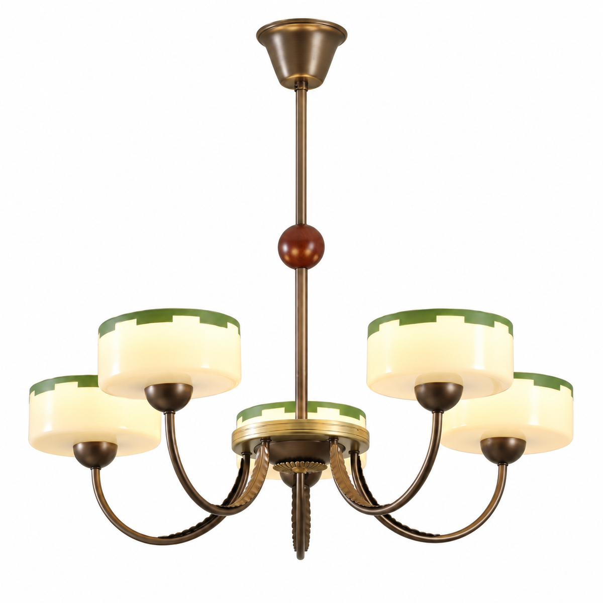 Bronze chandelier with multiple cream opal glass shades and curved arms