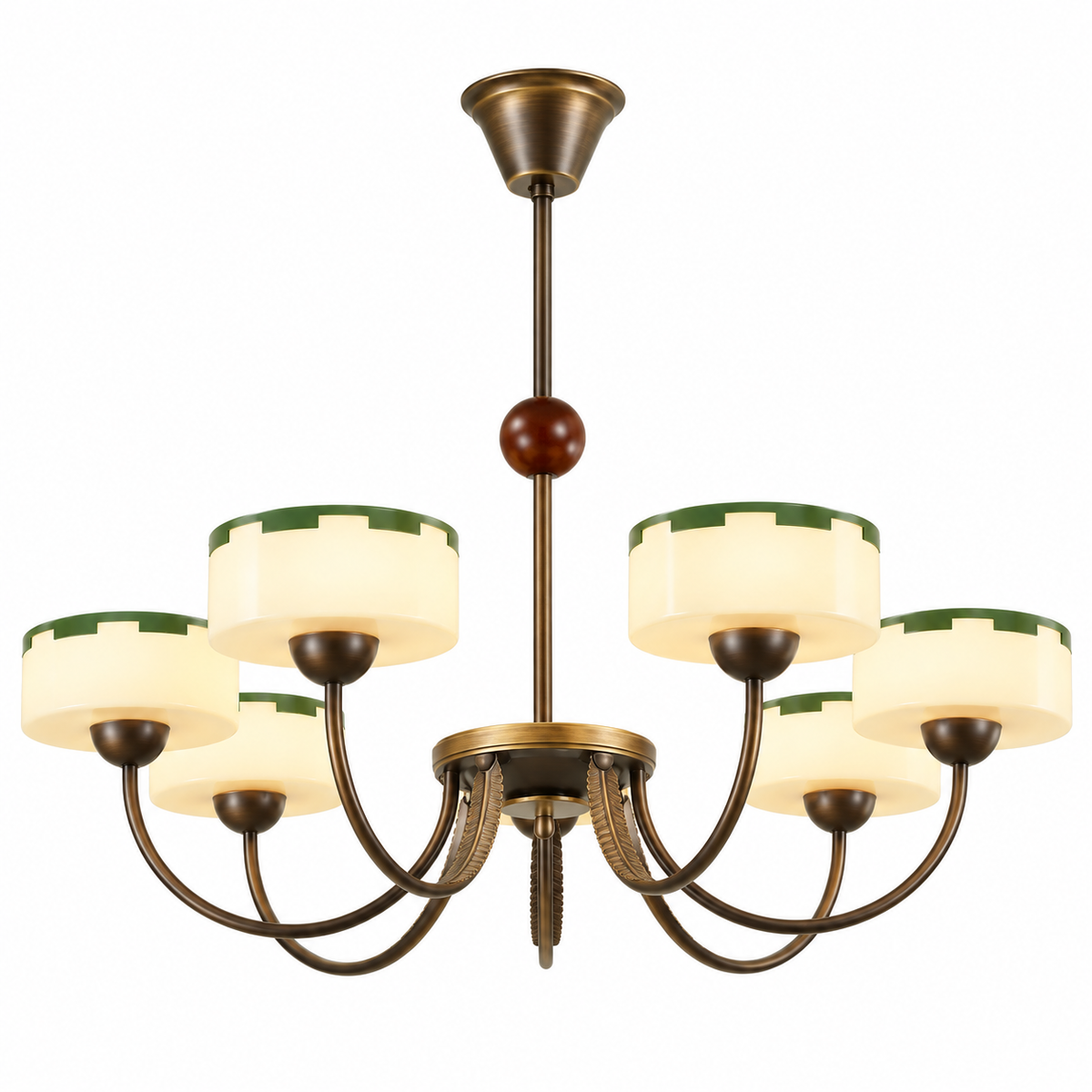 Bronze ceiling chandelier with cream opal glass shades and amber center bead