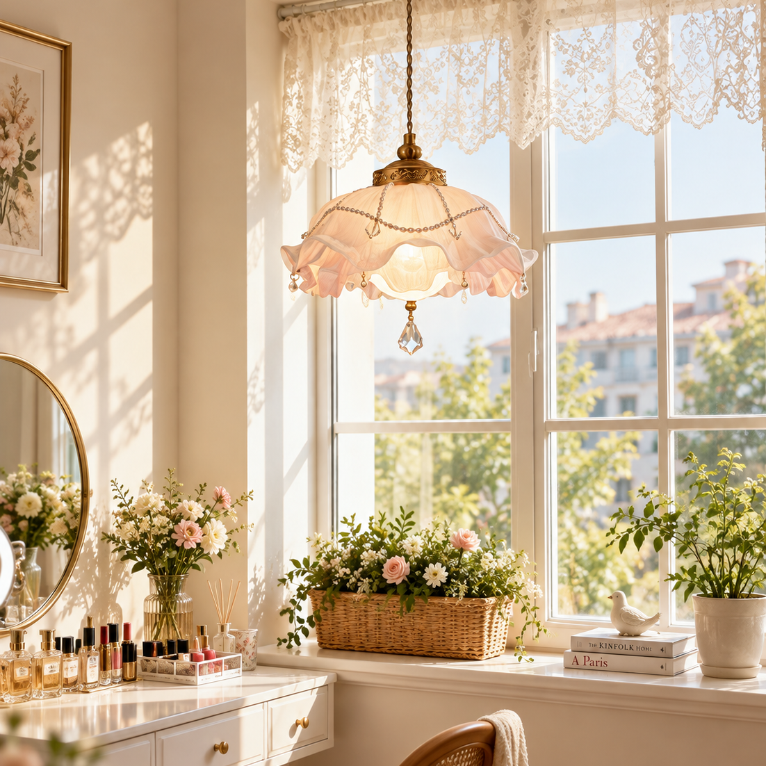 Ruffled glass pendant light with soft pink ruffled shade, brass top, hanging crystal