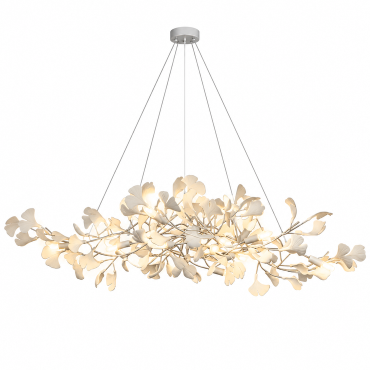 Gingko bough chandelier with white leaf shades, nickel-finish canopy and branches