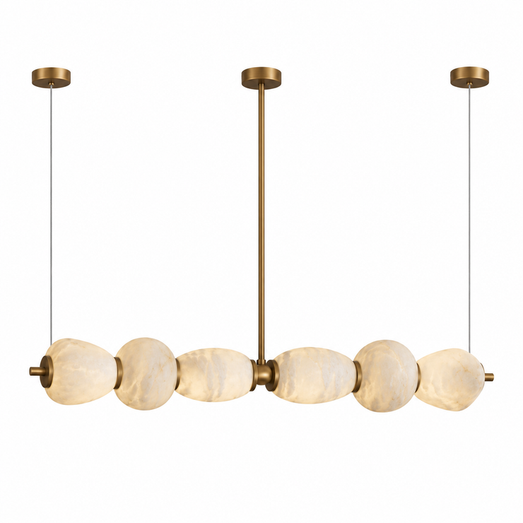 Linear alabaster chandelier with gold frame and frosted circular glass shades