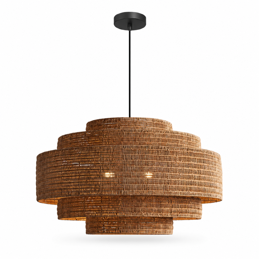 Kago rattan woven pendant light with layered drum shade and black cord, warm brown