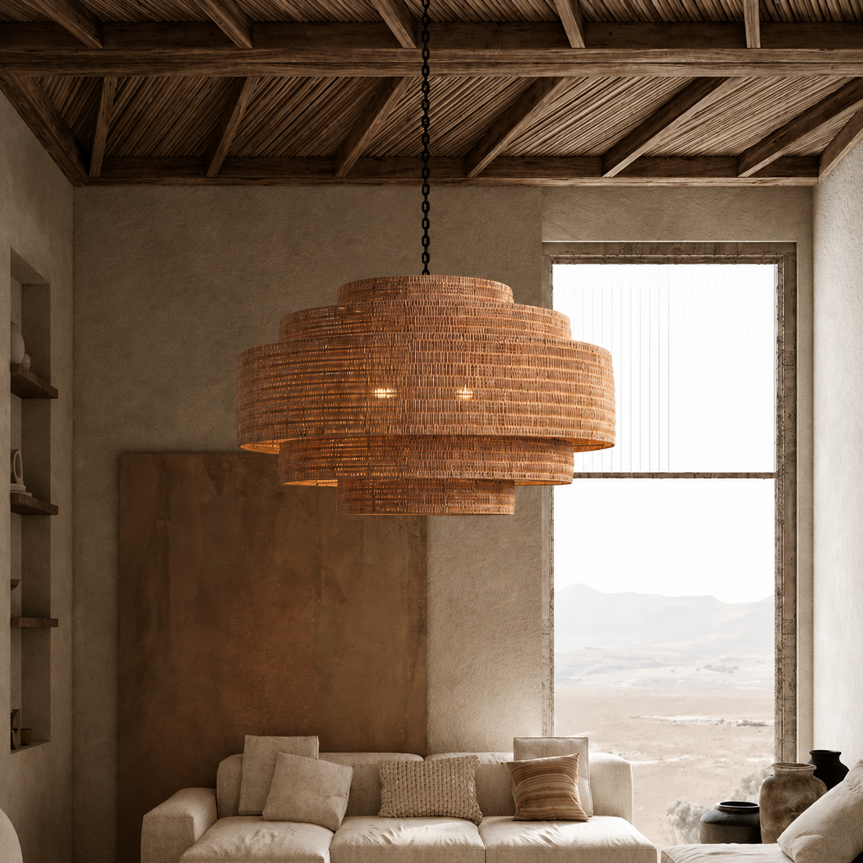Kago rattan woven pendant light with layered drum shade and hanging chain, warm brown