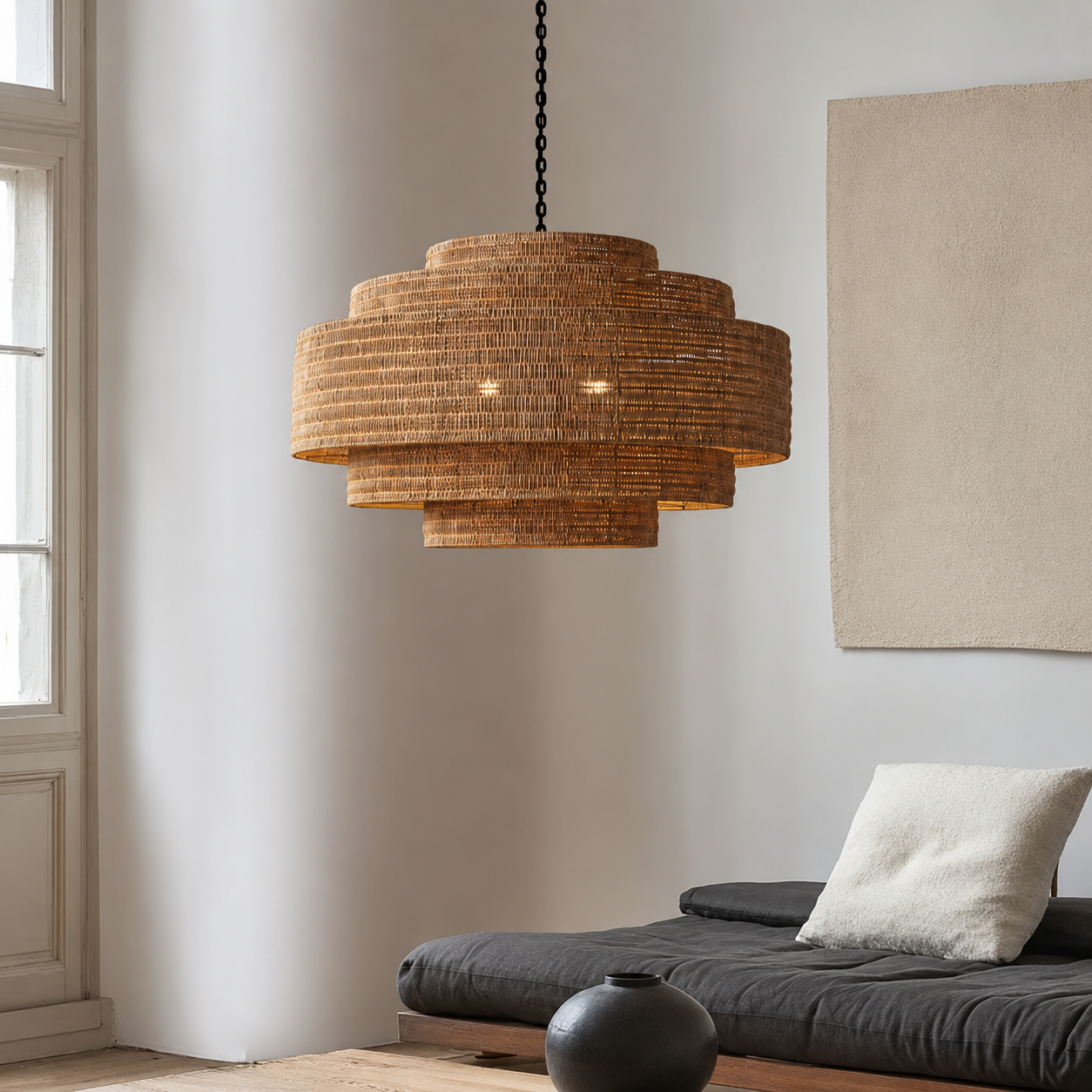 Kago rattan woven pendant light with warm tan layered drum shade on chain, visible bulbs