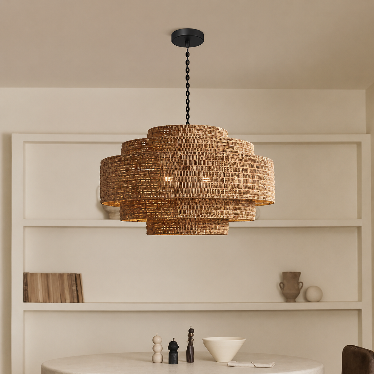Kago rattan woven pendant light with black ceiling mount and layered rattan shade, warm brown