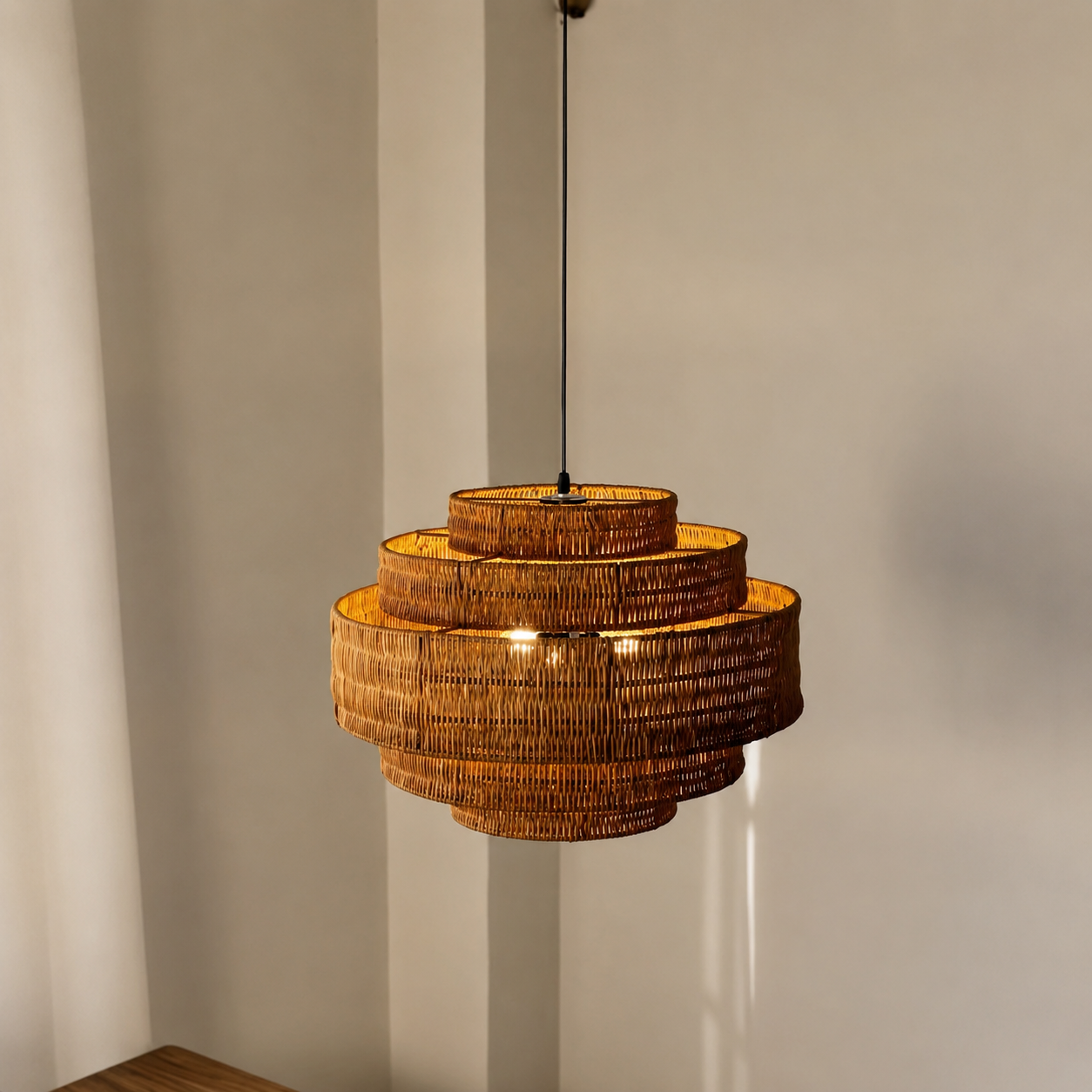 Kago rattan woven pendant light with honey-brown drum shade and black stem, warm glow
