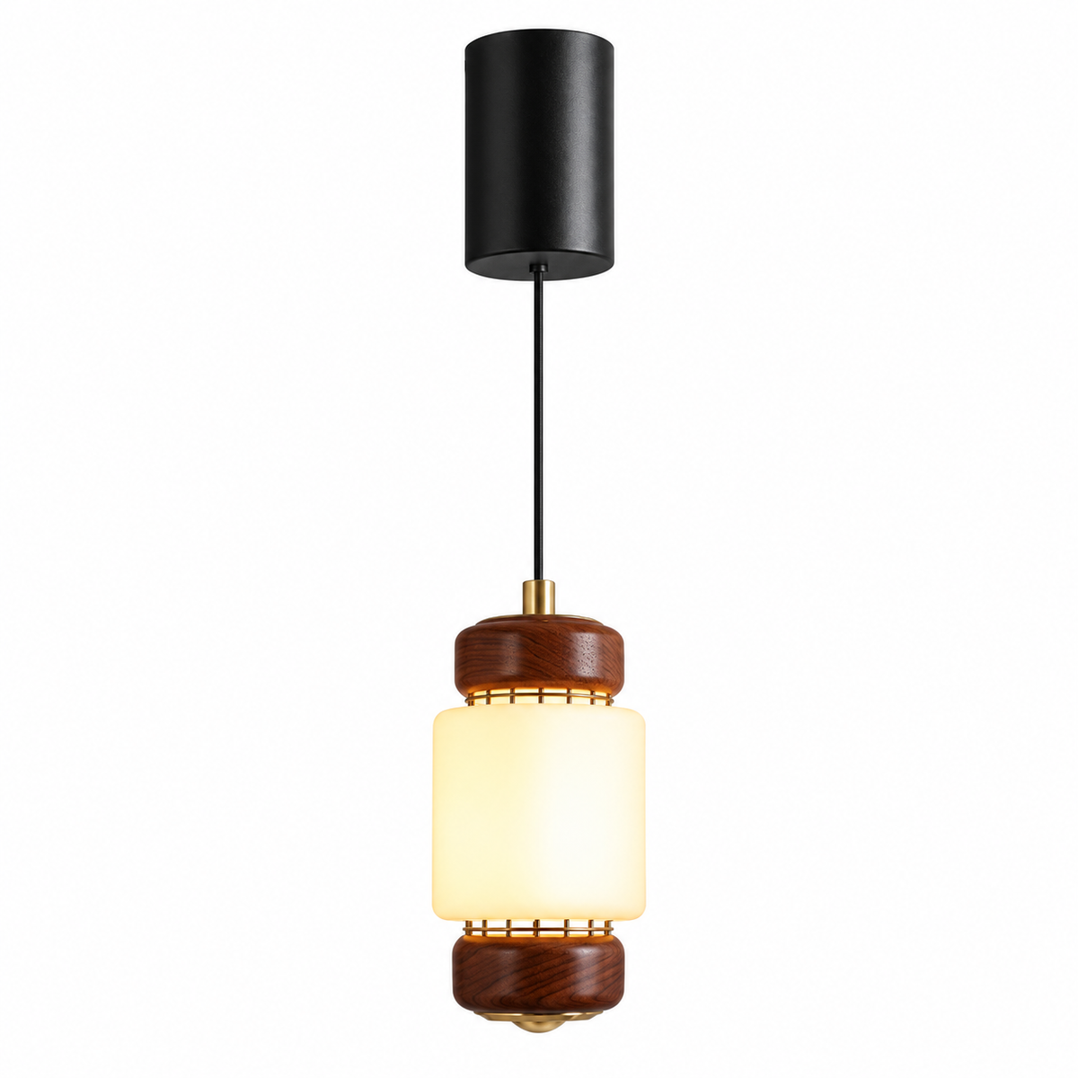 Mini cylinder pendant light with black canopy, walnut caps, and frosted glass shade