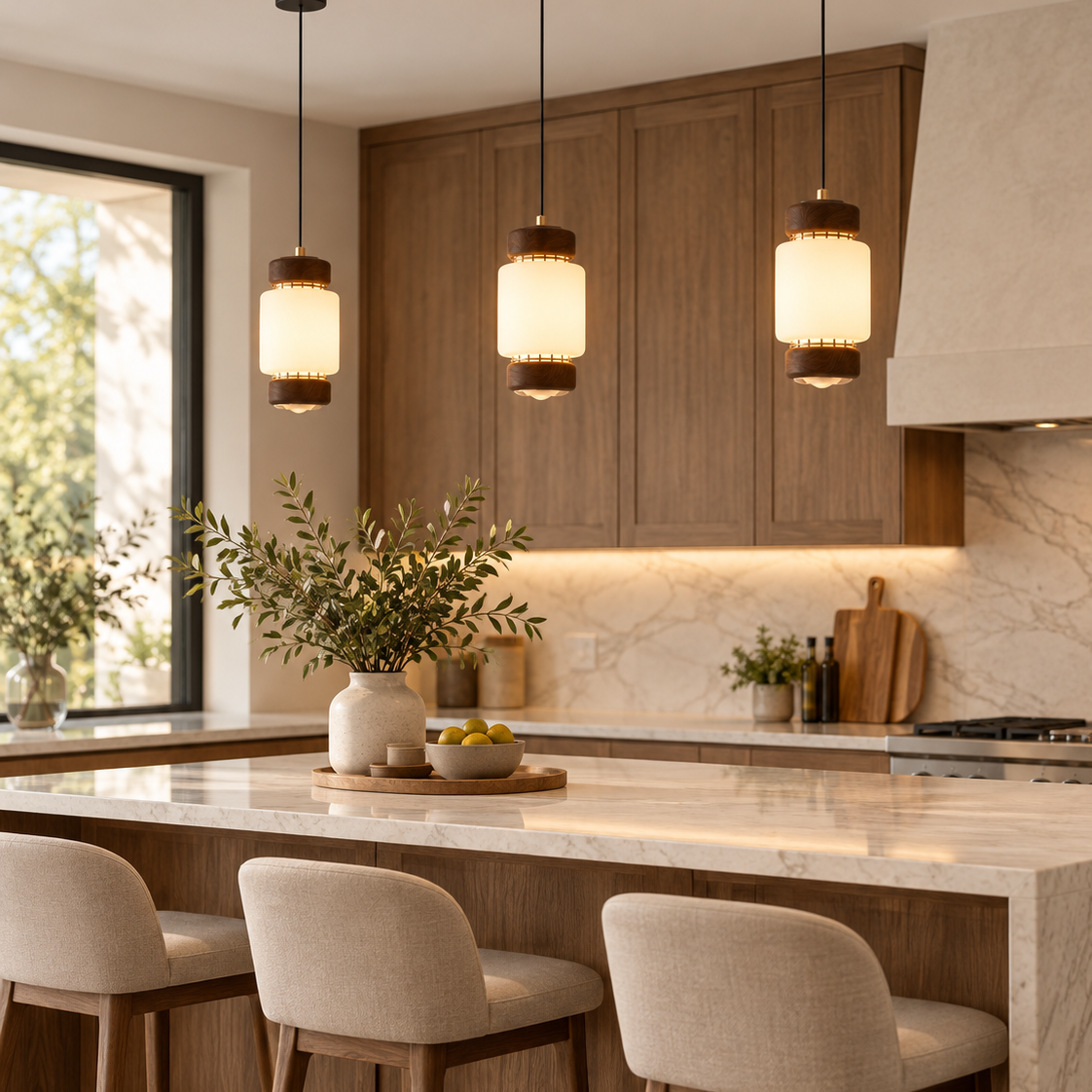 Walnut cylinder mini pendant light with frosted glass shades, hanging on cords