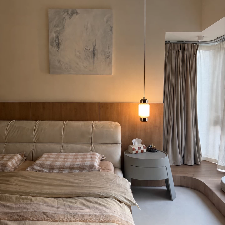 Walnut mini pendant light with frosted glass cylinder shade hanging by a thin cord