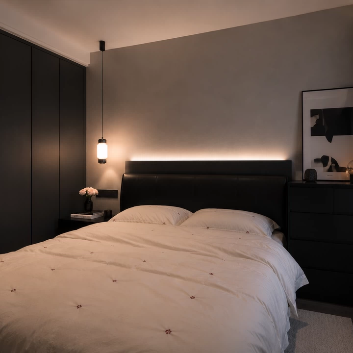Walnut cylinder mini pendant light with frosted glass shade glowing above a bed