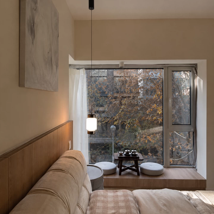 Small frosted glass cylinder pendant light with walnut accents hanging near a window