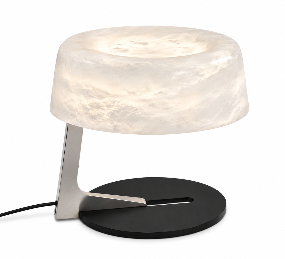 Alabaster table lamp with glowing round opal shade and black circular base