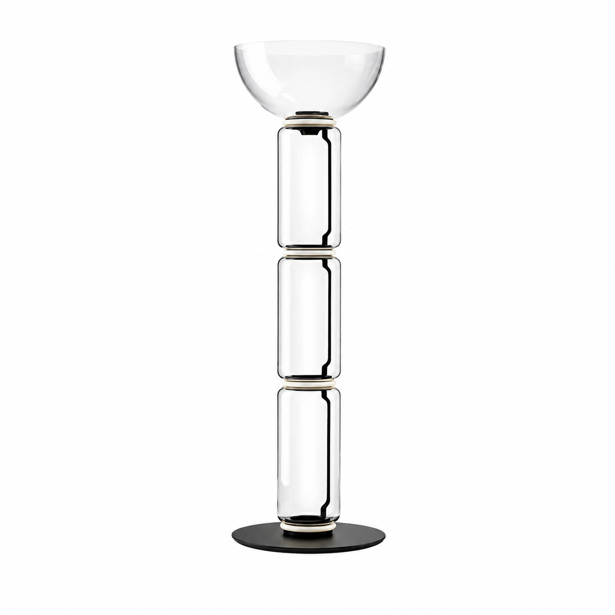 Clear glass floor lamp, tall stacked columns with round black base