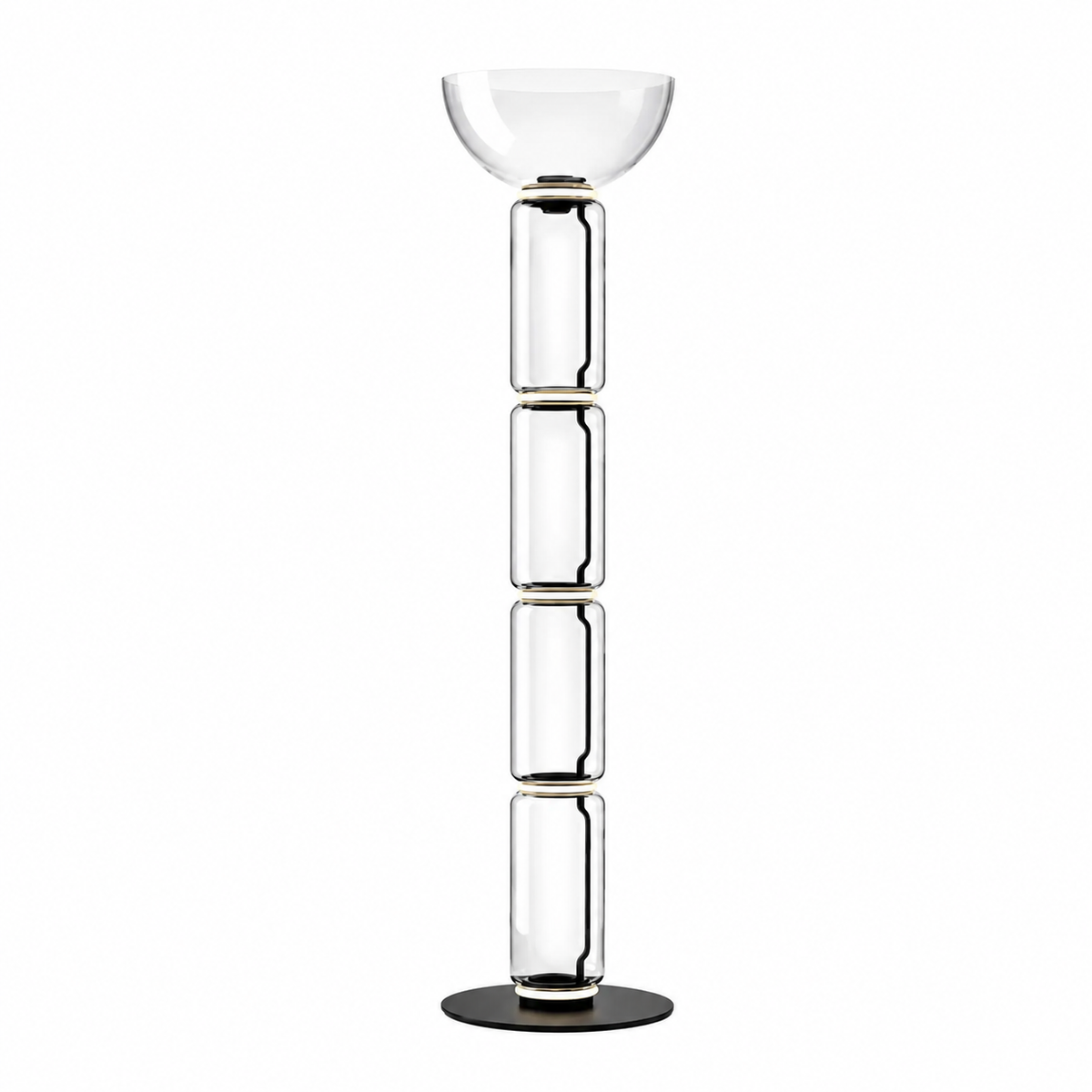 Clear glass floor lamp with multiple stacked segments and round black base