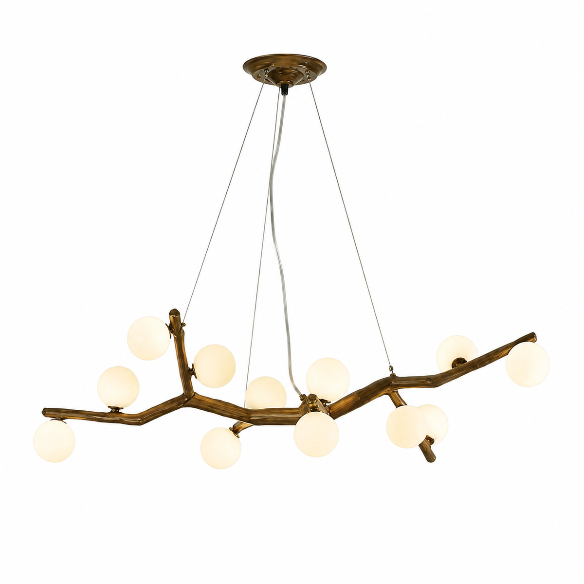 Decorative branch chandelier with multiple round globe bulbs in a gold-toned frame