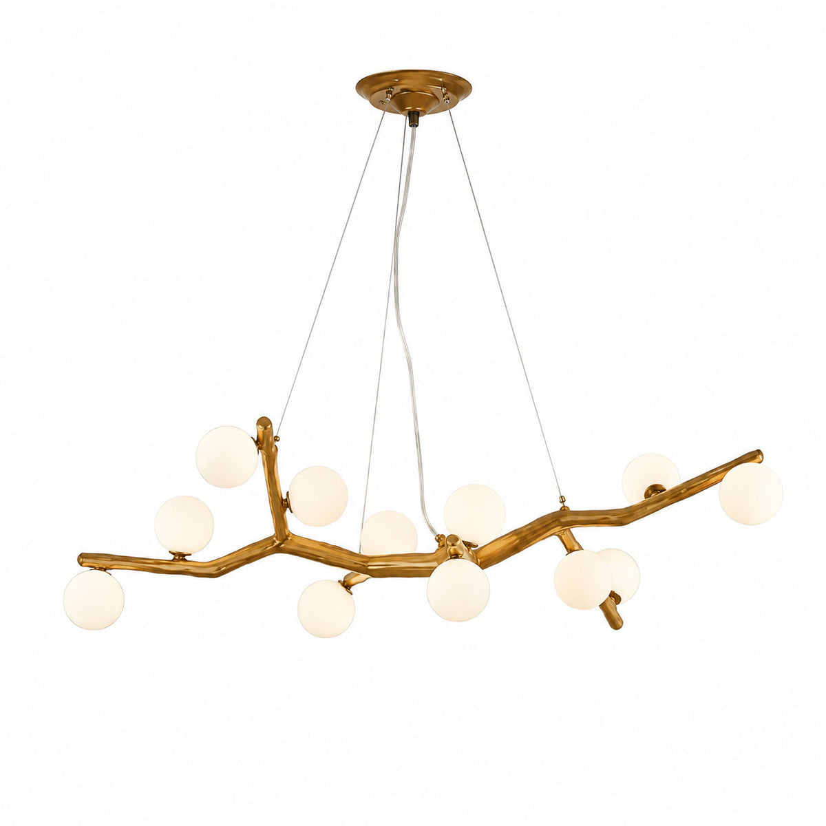 Hanging branch chandelier with round globe bulbs and ornate golden metal branch frame