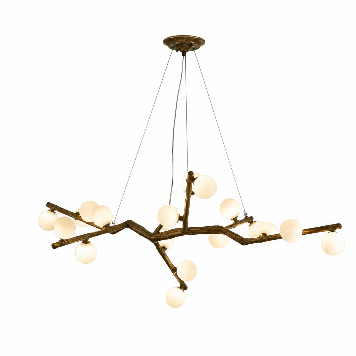 Gold-toned branch chandelier with many round globe bulbs and three suspension cords