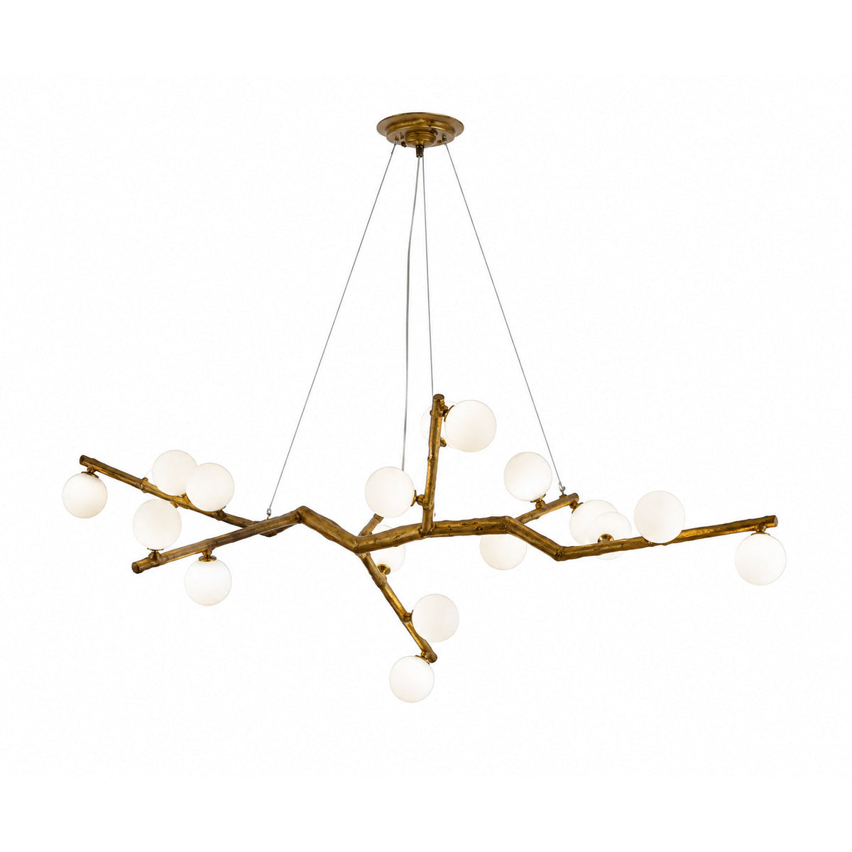 Branch-style chandelier with dark wood-tone arms and round white globe bulbs