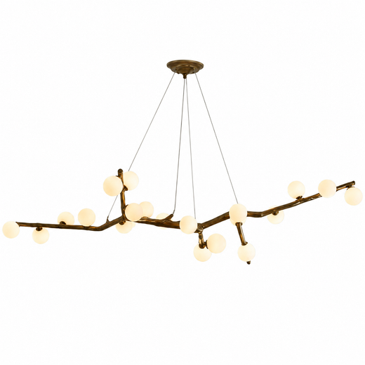 Branch-style chandelier with dark wood-tone frame and round white globe bulbs