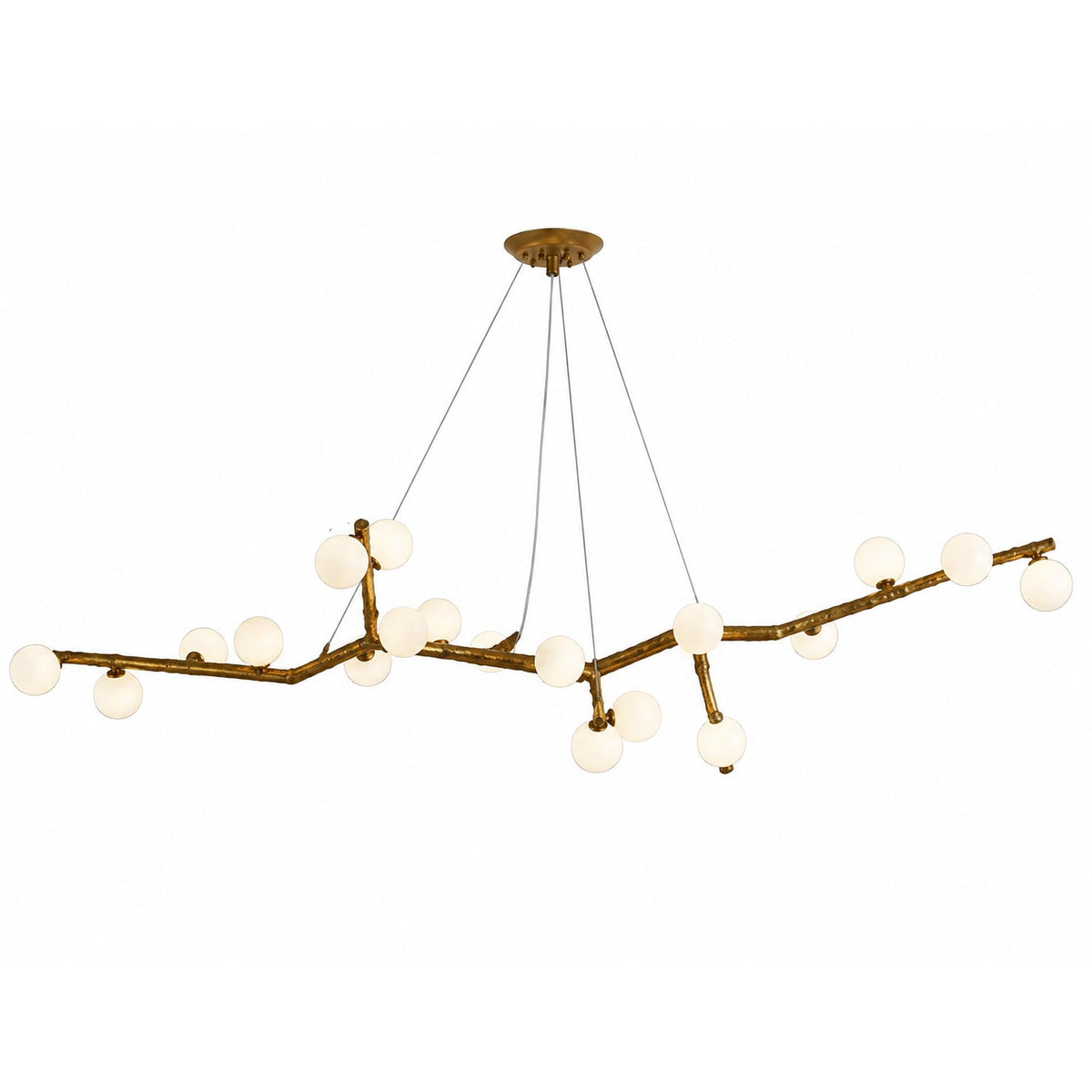 Branch chandelier with long dark arms, white globe bulbs, and round ceiling canopy