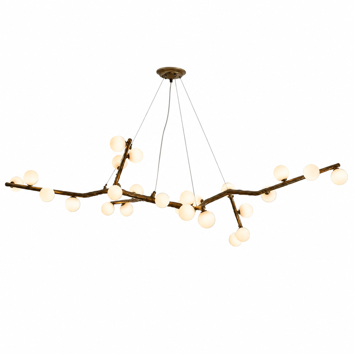 Branch chandelier with curved dark arms and multiple round white globe bulbs