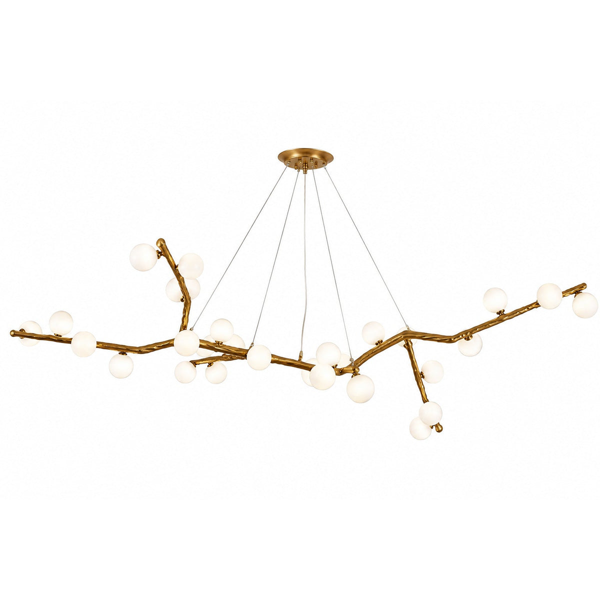 Branch-style chandelier with extended arms, gold finish, and frosted globe lights