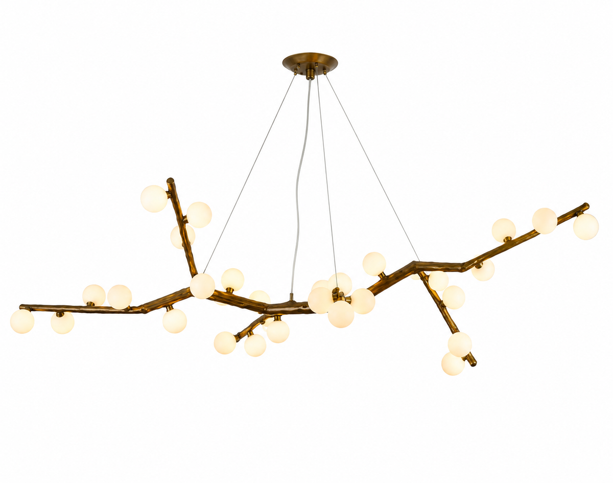 Branch-style ceiling chandelier with gold rods and multiple frosted glass globes