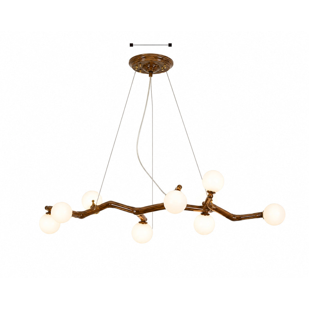 Minimal view branch chandelier with round globe bulbs and brass ceiling canopy