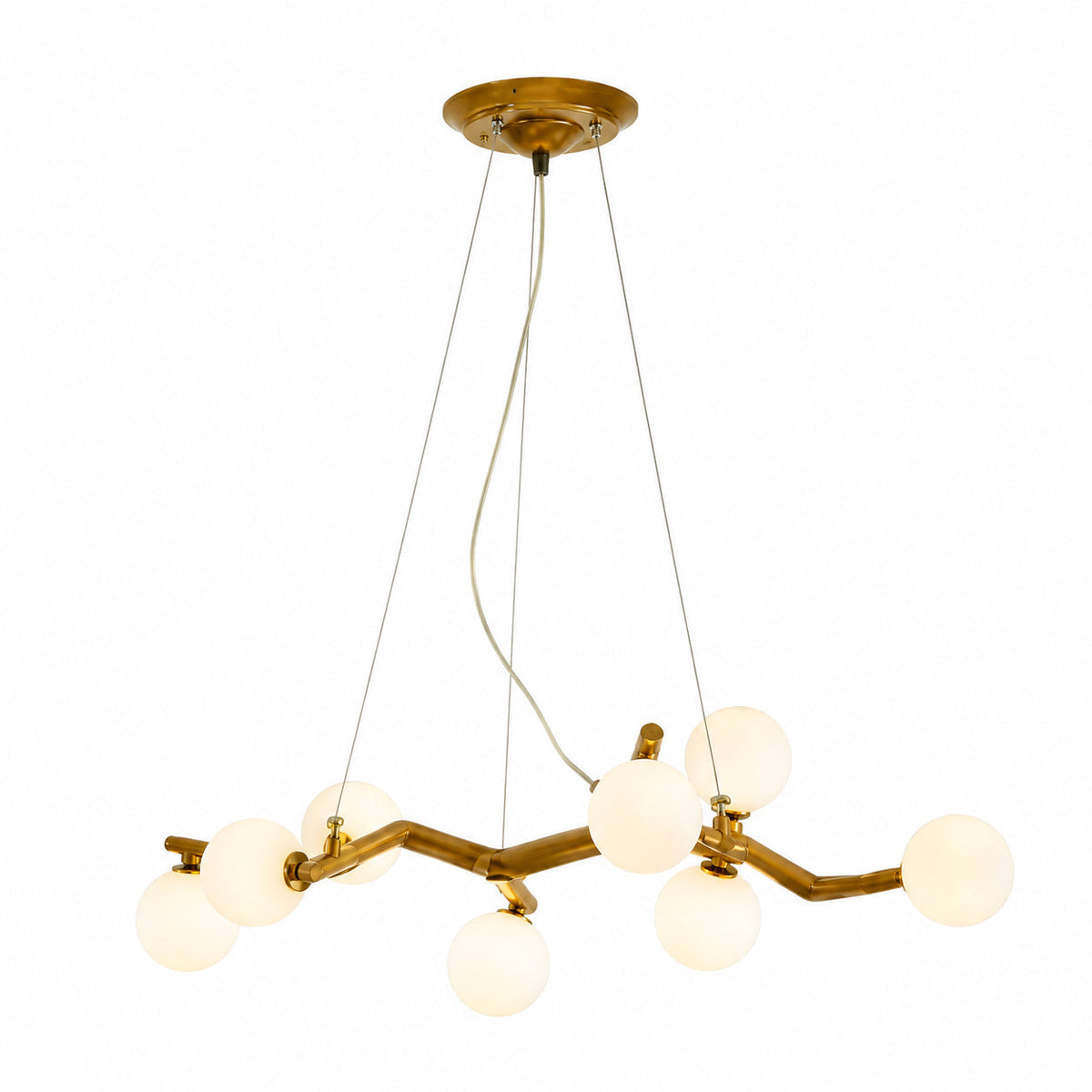 Branch-style chandelier with gold frame and frosted glass globe shades