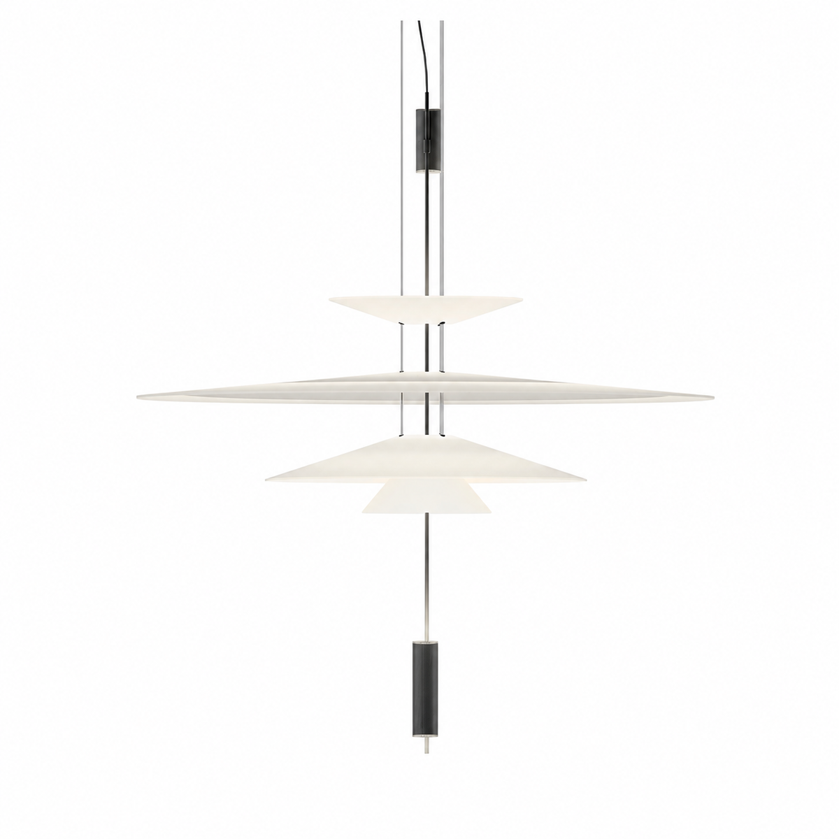 Stacked disc chandelier with white disc shades and black vertical stems