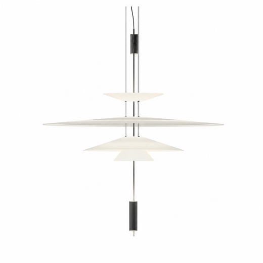 Stacked disc chandelier with white disc shades and black vertical stems