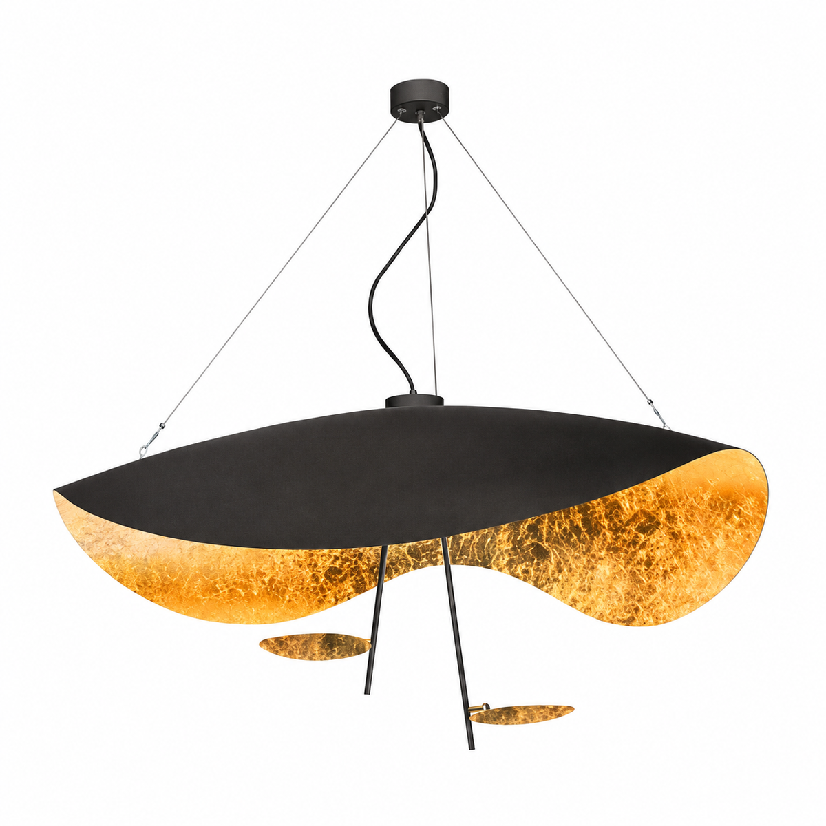 Gold foil black disc pendant light with three hanging components and central mount