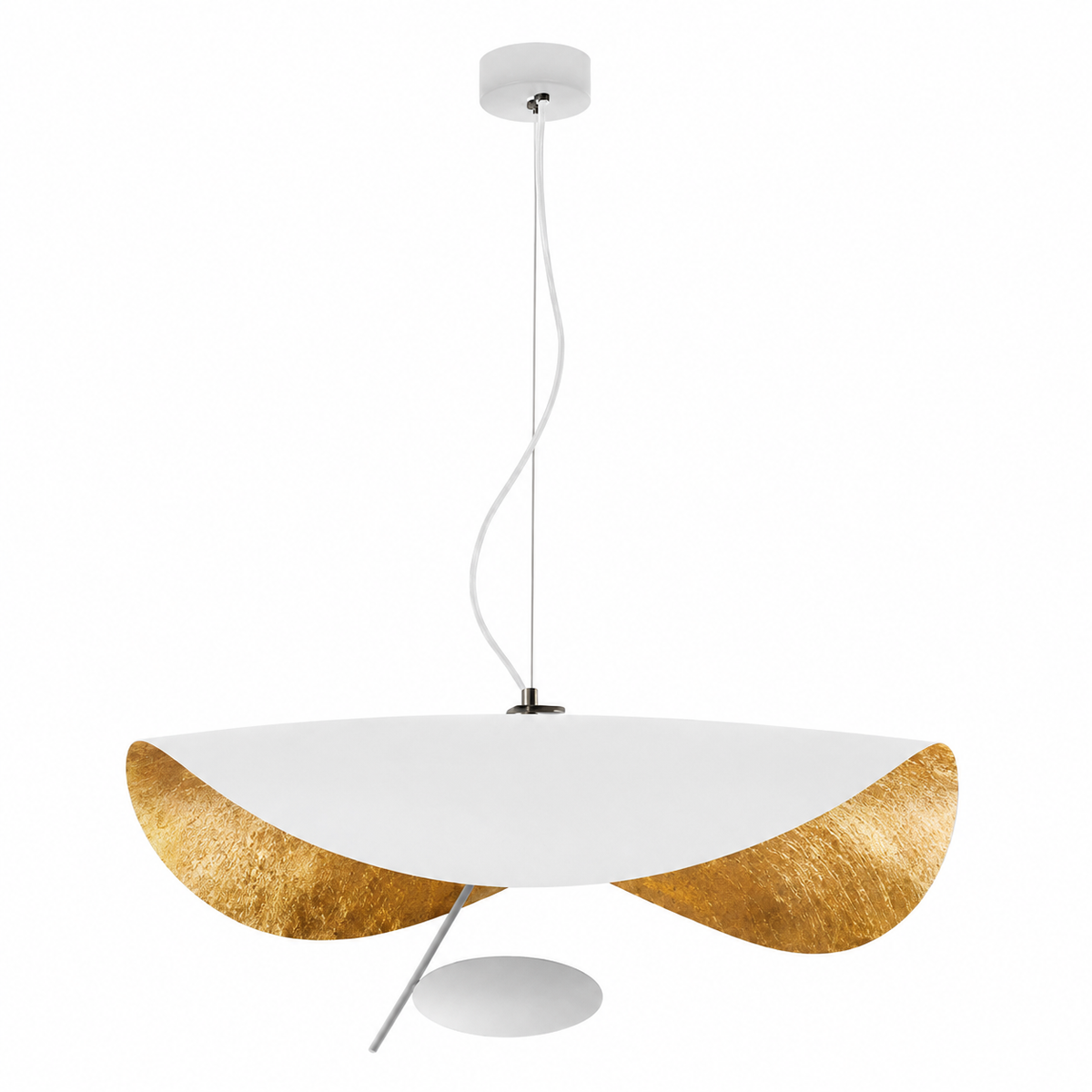 Gold foil disc pendant light with white shade and gold curved accents