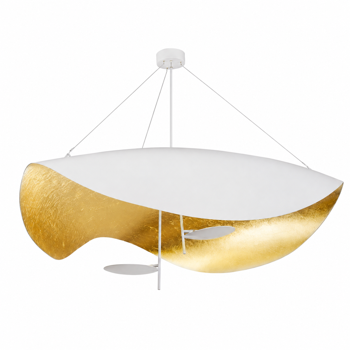 Gold foil disc pendant light with white shade and sweeping curved gold discs