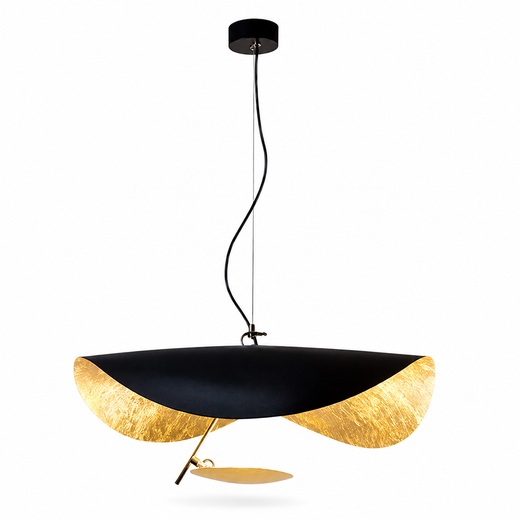 Black disc pendant light with gold foil outer finish and hanging cord