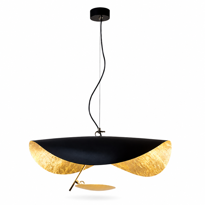 Black disc pendant light with gold foil outer finish and hanging cord