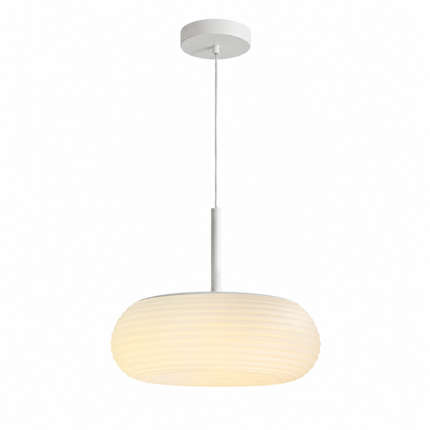 White ribbed oval pendant light with ceiling canopy and hanging cord