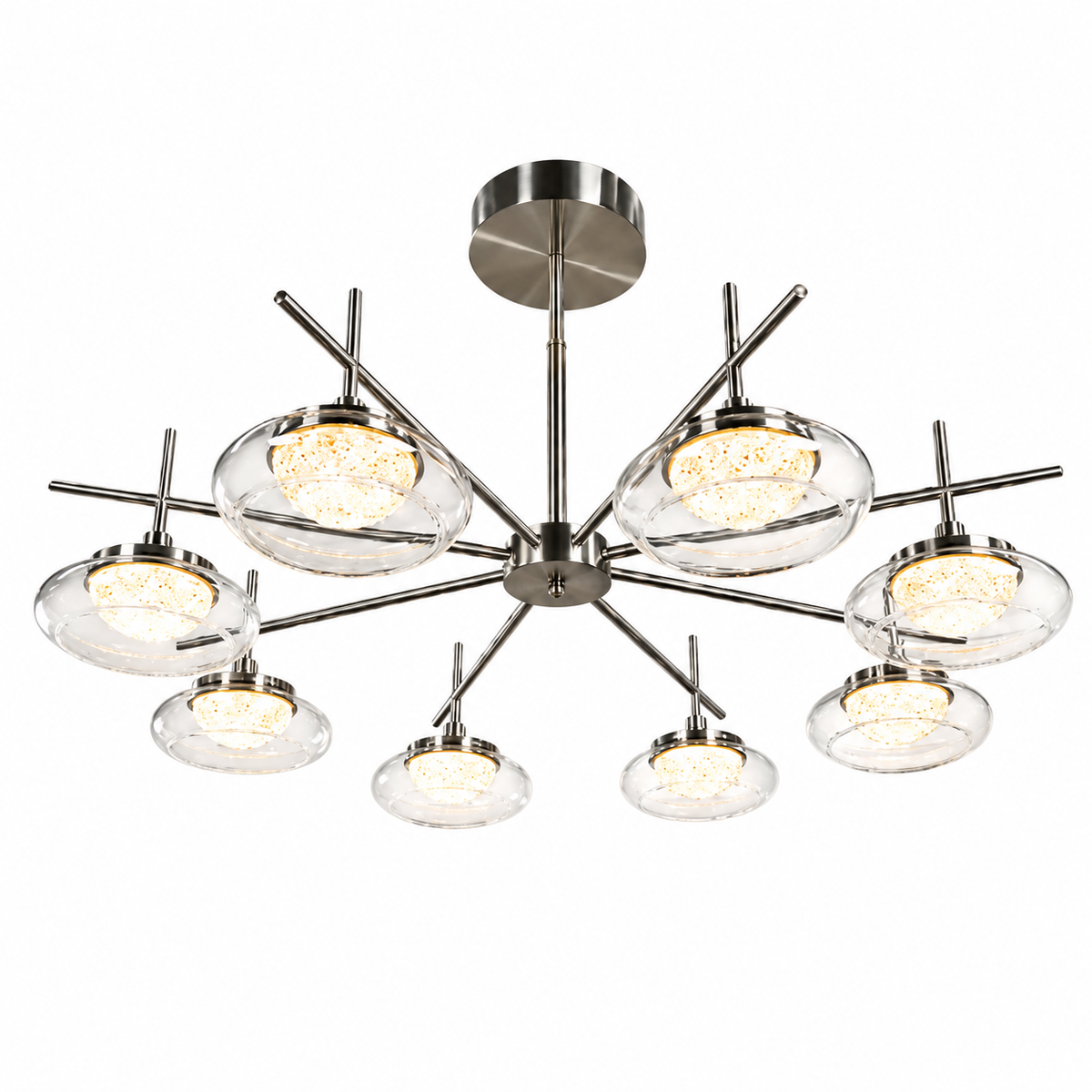 Spider chandelier with brushed metal canopy, clear glass shades, and multiple curved arms.