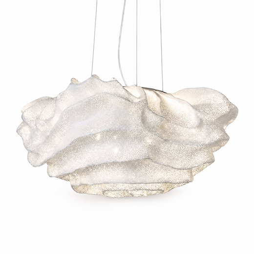 Cloud-shaped pendant light with textured silver-white fabric shade