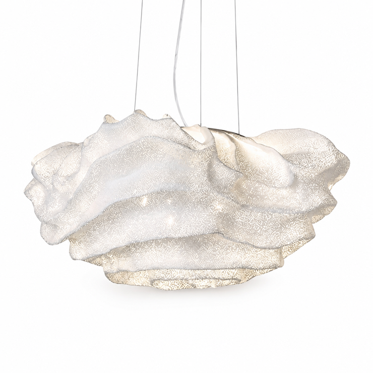 Cloud-shaped pendant light with textured silver-white fabric shade