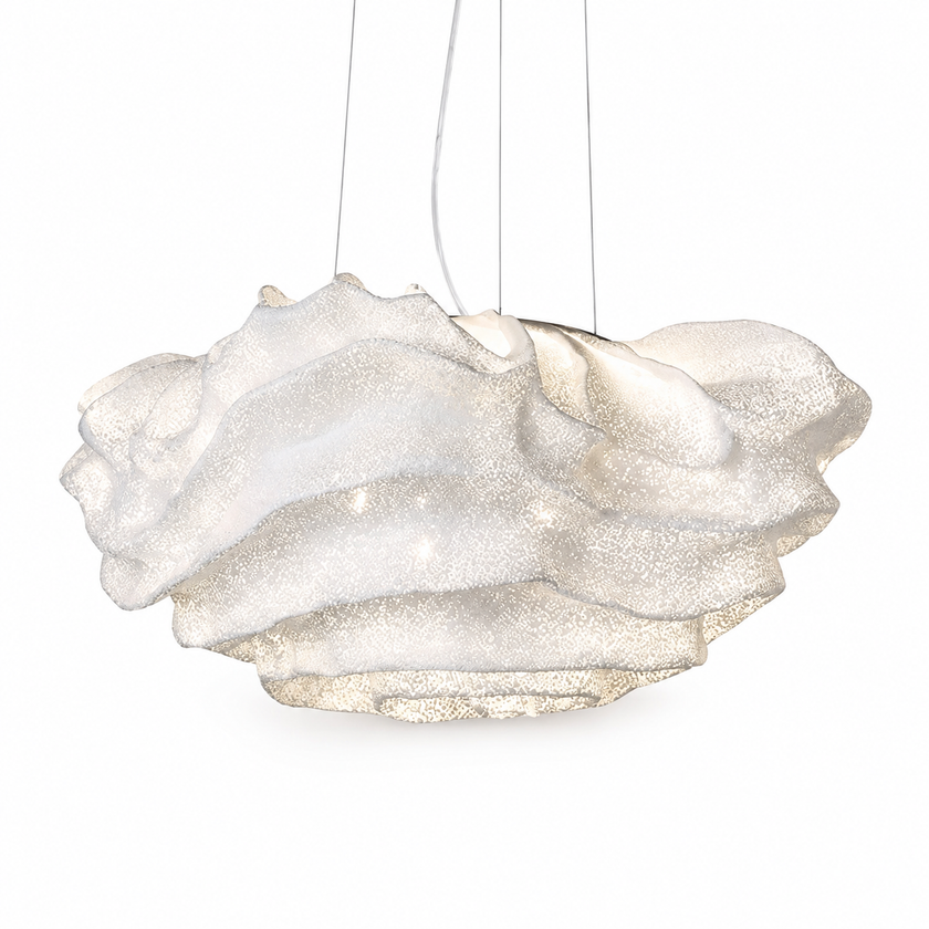 Cloud-shaped pendant light with textured silver-white fabric shade