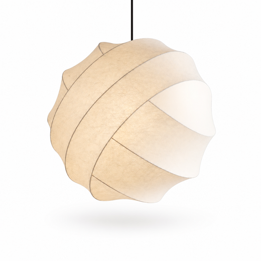 Luma silk pendant light with beige pleated fabric shade and circular light opening